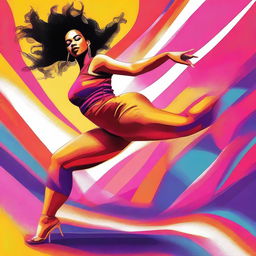 A vibrant, high-quality digital art image featuring a Latina woman with a curvaceous figure performing a twerk split