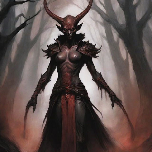 Illustrate a dark Elesh Norn in Phyrexian art style with predominant dark and red tones.