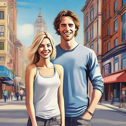 A digital art image that showcases a shabby looking, brown-haired man in his 30s, dressed in casual clothing, standing in front of a laughing, attractive blonde woman, who is 26 years old, with sparkling blue eyes