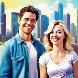 A digital art image that showcases a shabby looking, brown-haired man in his 30s, dressed in casual clothing, standing in front of a laughing, attractive blonde woman, who is 26 years old, with sparkling blue eyes