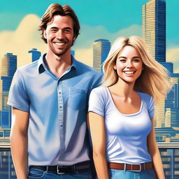 A digital art image that showcases a shabby looking, brown-haired man in his 30s, dressed in casual clothing, standing in front of a laughing, attractive blonde woman, who is 26 years old, with sparkling blue eyes