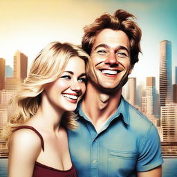 A digital art image that showcases a shabby looking, brown-haired man in his 30s, dressed in casual clothing, standing in front of a laughing, attractive blonde woman, who is 26 years old, with sparkling blue eyes