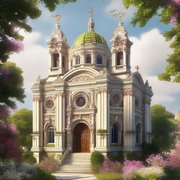 An architecturally perfect, highly detailed digital art masterpiece in the style of Precisionism, featuring an intricate, embellished, and ornate Renaissance Baroque tall abbey