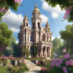 An architecturally perfect, highly detailed digital art masterpiece in the style of Precisionism, featuring an intricate, embellished, and ornate Renaissance Baroque tall abbey