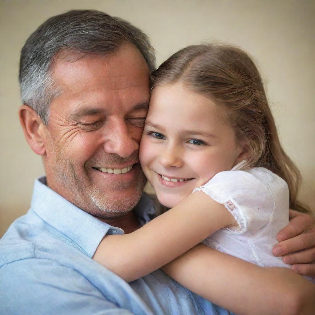 A tender moment of a father and his daughter cuddling, featuring their smiling faces, the gentle touch, and a comforting background setting.