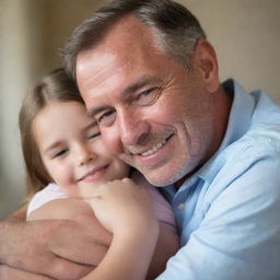 A tender moment of a father and his daughter cuddling, featuring their smiling faces, the gentle touch, and a comforting background setting.