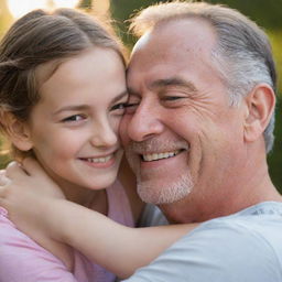 A tender moment of a father and his daughter cuddling, featuring their smiling faces, the gentle touch, and a comforting background setting.