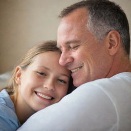 A tender moment of a father and his daughter cuddling, featuring their smiling faces, the gentle touch, and a comforting background setting.