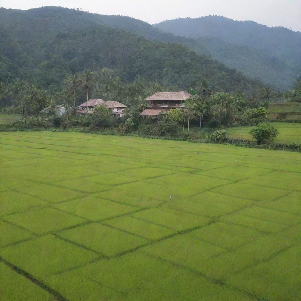 A traditional rural setting with extensive paddy fields, chirping birds by the riverside, and a traditional country school.