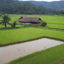 A traditional rural setting with extensive paddy fields, chirping birds by the riverside, and a traditional country school.