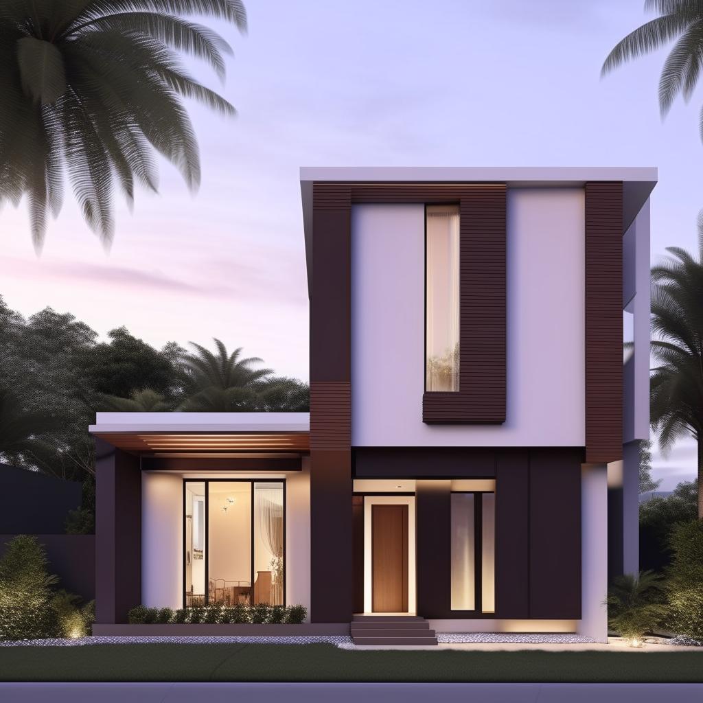 Create 25x50 modern double-story house elevation with minimalist design features, large windows, flat roofing, and an articulated facade.