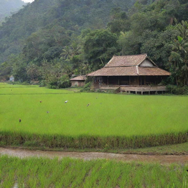 A traditional rural setting with extensive paddy fields, chirping birds by the riverside, and a traditional country school.