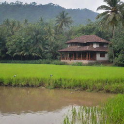 A traditional rural setting with extensive paddy fields, chirping birds by the riverside, and a traditional country school.