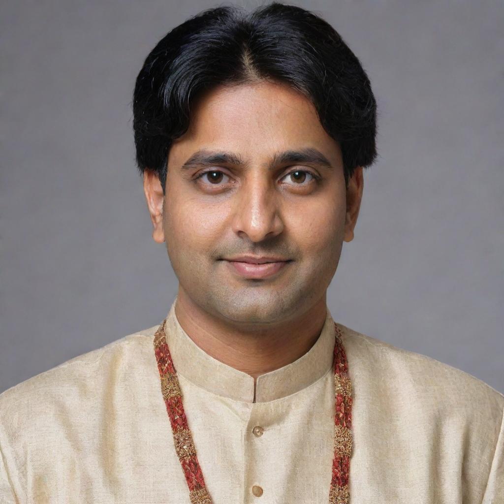 Generate a picture of a random male named Anup Raihar with typical indian features, wearing traditional Indian clothing.