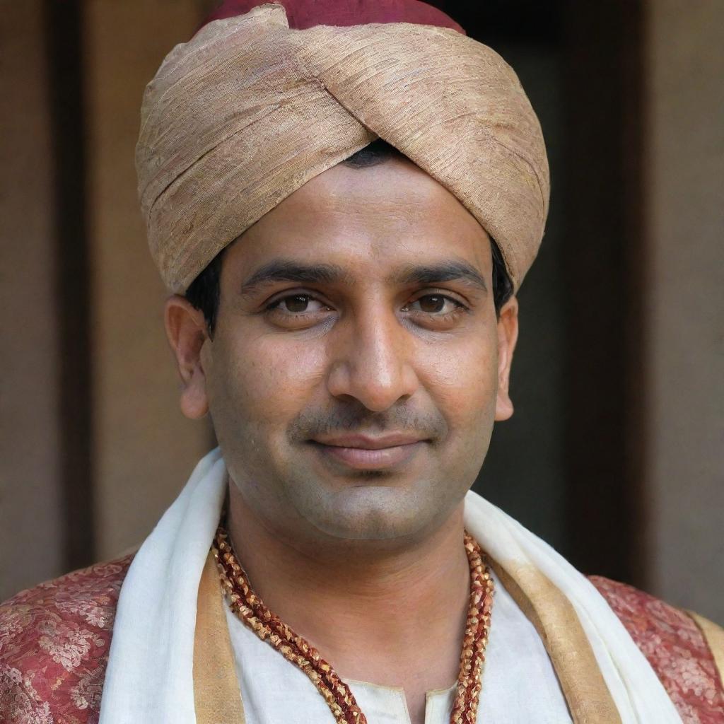 Generate a picture of a random male named Anup Raihar with typical indian features, wearing traditional Indian clothing.