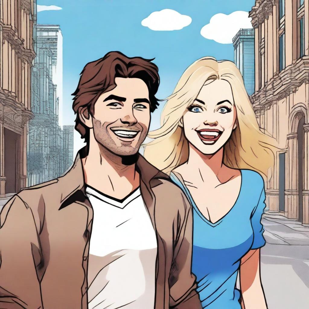 This digital art image portrays a city scene where a 30-year-old man with shabby brown hair and brown eyes, dressed in casual attire, appears panicked