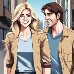 This digital art image portrays a city scene where a 30-year-old man with shabby brown hair and brown eyes, dressed in casual attire, appears panicked