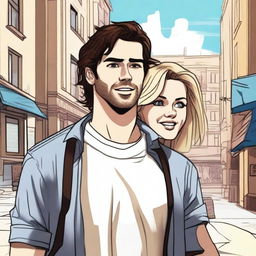 This digital art image portrays a city scene where a 30-year-old man with shabby brown hair and brown eyes, dressed in casual attire, appears panicked