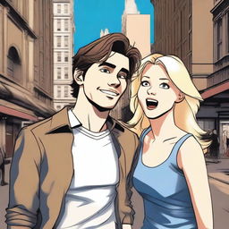 This digital art image portrays a city scene where a 30-year-old man with shabby brown hair and brown eyes, dressed in casual attire, appears panicked