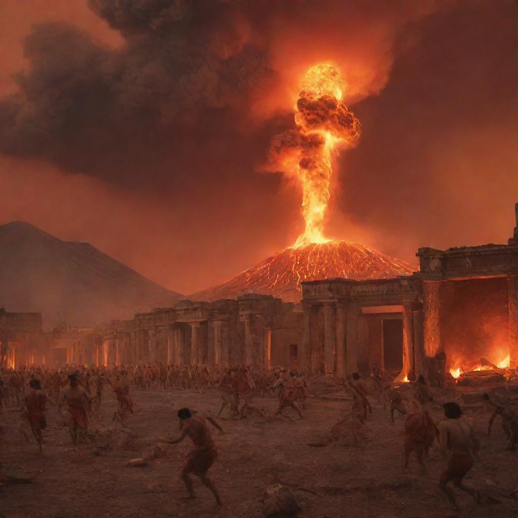 A chaotic scene of the Pompeii eruption, with terrified people running, tripping, and attempting to escape the impending doom. Volcano erupting in the background, spewing molten lava and ash into the vivid orange sky.