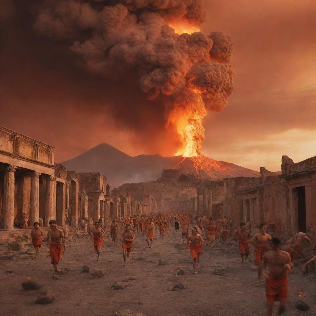 A chaotic scene of the Pompeii eruption, with terrified people running, tripping, and attempting to escape the impending doom. Volcano erupting in the background, spewing molten lava and ash into the vivid orange sky.