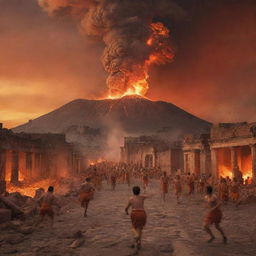 A chaotic scene of the Pompeii eruption, with terrified people running, tripping, and attempting to escape the impending doom. Volcano erupting in the background, spewing molten lava and ash into the vivid orange sky.