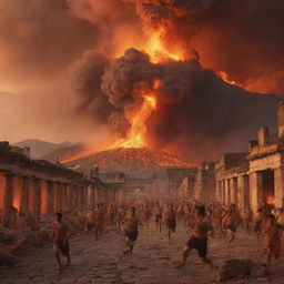 A chaotic scene of the Pompeii eruption, with terrified people running, tripping, and attempting to escape the impending doom. Volcano erupting in the background, spewing molten lava and ash into the vivid orange sky.