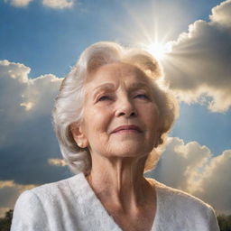 A heavenly scene with a peaceful portrait embodying the essence of a loving matriarch, with soft clouds and beams of sunlight illuminating the area, in honor of a life well lived