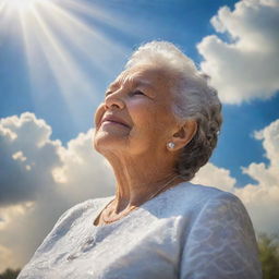 A heavenly scene with a peaceful portrait embodying the essence of a loving matriarch, with soft clouds and beams of sunlight illuminating the area, in honor of a life well lived