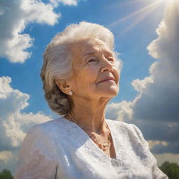 A heavenly scene with a peaceful portrait embodying the essence of a loving matriarch, with soft clouds and beams of sunlight illuminating the area, in honor of a life well lived