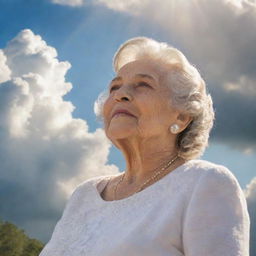 A heavenly scene with a peaceful portrait embodying the essence of a loving matriarch, with soft clouds and beams of sunlight illuminating the area, in honor of a life well lived