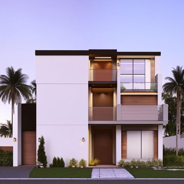 Create 25x50 modern double-story house elevation with minimalist design features, large windows, flat roofing, and an articulated facade.