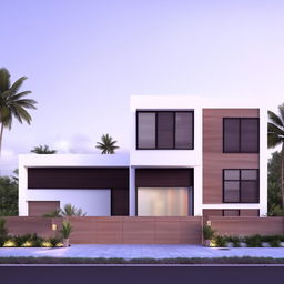 Create 25x50 modern double-story house elevation with minimalist design features, large windows, flat roofing, and an articulated facade.