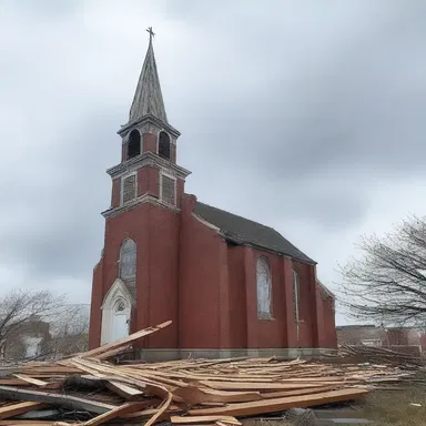 The storm caused the church steeple to collapse, asunder.