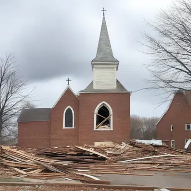 The storm caused the church steeple to collapse, asunder.
