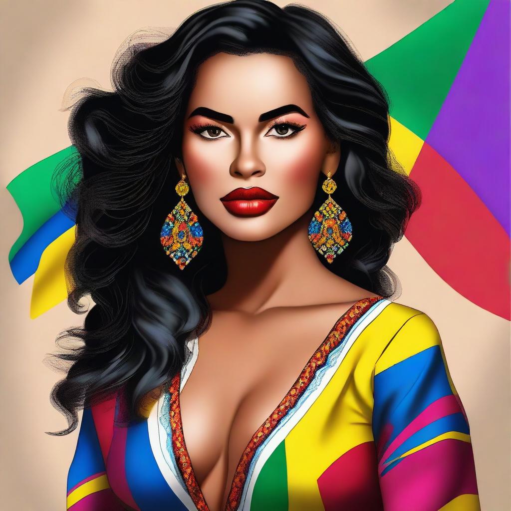 A digital art of a stunning Colombian woman, radiating confidence and allure