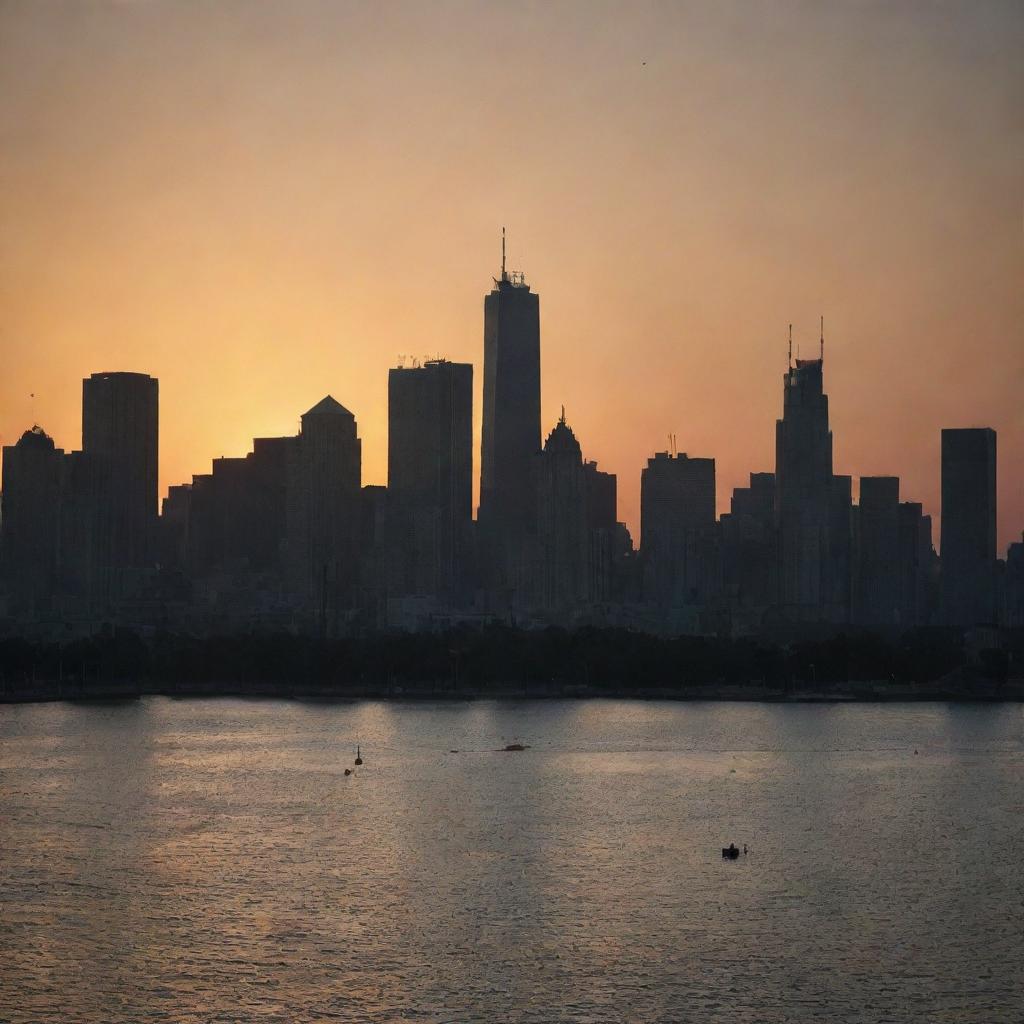 16:9 ratio high-resolution image of a cityscape silhouette at sunset, where the dark city buildings contrast against a vibrant backdrop of hues from the setting sun in raw style quality 2.