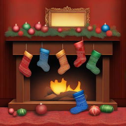 A high-quality digital art image showcasing a variety of stockings hanging by a fireplace