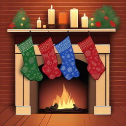 A high-quality digital art image showcasing a variety of stockings hanging by a fireplace