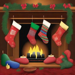 A high-quality digital art image showcasing a variety of stockings hanging by a fireplace