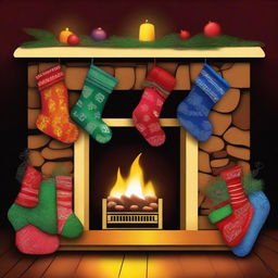 A high-quality digital art image showcasing a variety of stockings hanging by a fireplace