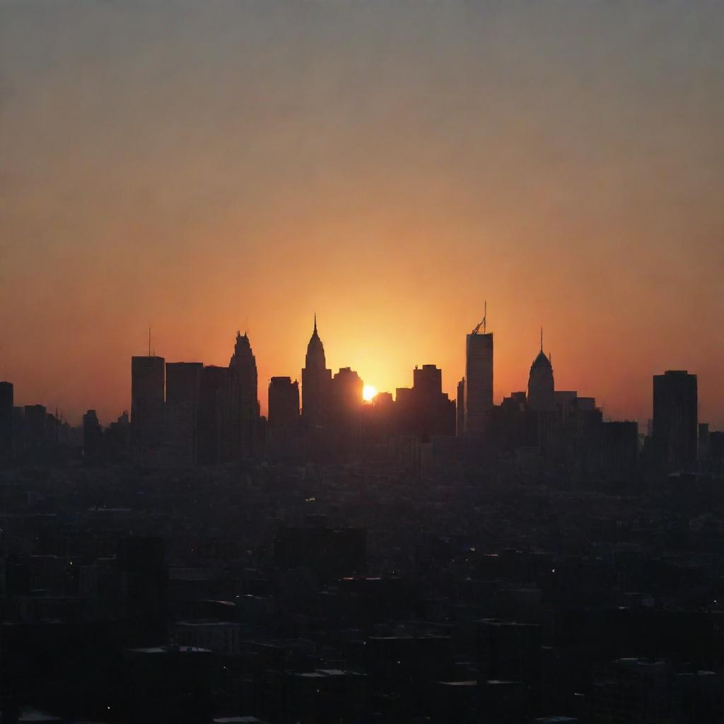 16:9 ratio high-resolution image of a cityscape silhouette at sunset, where the dark city buildings contrast against a vibrant backdrop of hues from the setting sun in raw style quality 2.