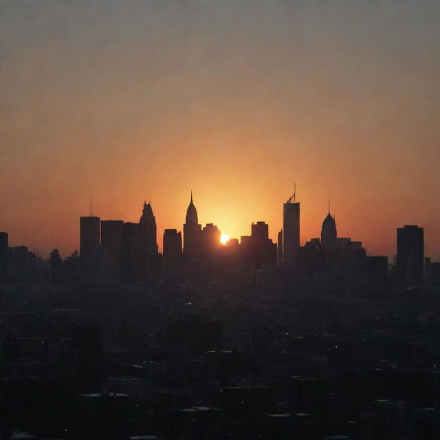 16:9 ratio high-resolution image of a cityscape silhouette at sunset, where the dark city buildings contrast against a vibrant backdrop of hues from the setting sun in raw style quality 2.