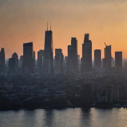 16:9 ratio high-resolution image of a cityscape silhouette at sunset, where the dark city buildings contrast against a vibrant backdrop of hues from the setting sun in raw style quality 2.