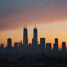 16:9 ratio high-resolution image of a cityscape silhouette at sunset, where the dark city buildings contrast against a vibrant backdrop of hues from the setting sun in raw style quality 2.