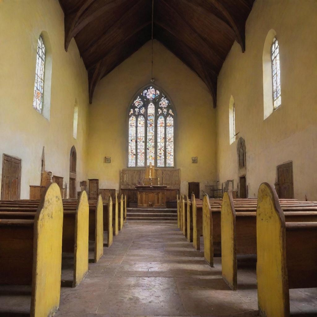 A vintage church painted vividly with shades of yellow, reflecting the beauty of age and tranquility