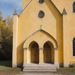 A vintage church painted vividly with shades of yellow, reflecting the beauty of age and tranquility