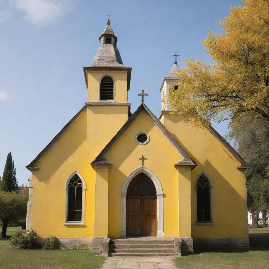 A vintage church painted vividly with shades of yellow, reflecting the beauty of age and tranquility