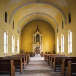 A vintage church painted vividly with shades of yellow, reflecting the beauty of age and tranquility