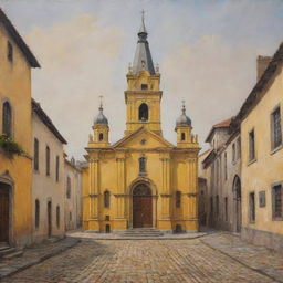 An oil painting depicting a vintage yellow church, intricately detailed and flanked by antique cobblestone streets